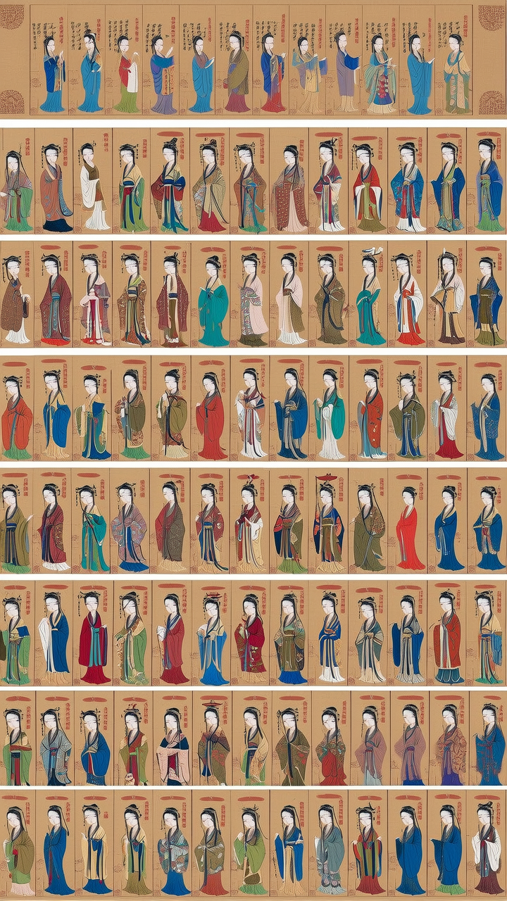 从夏朝到现代，根据文献描述把每个朝代最出名的美女画一幅真人图，需要同框，要求穿自己朝代的衣服。