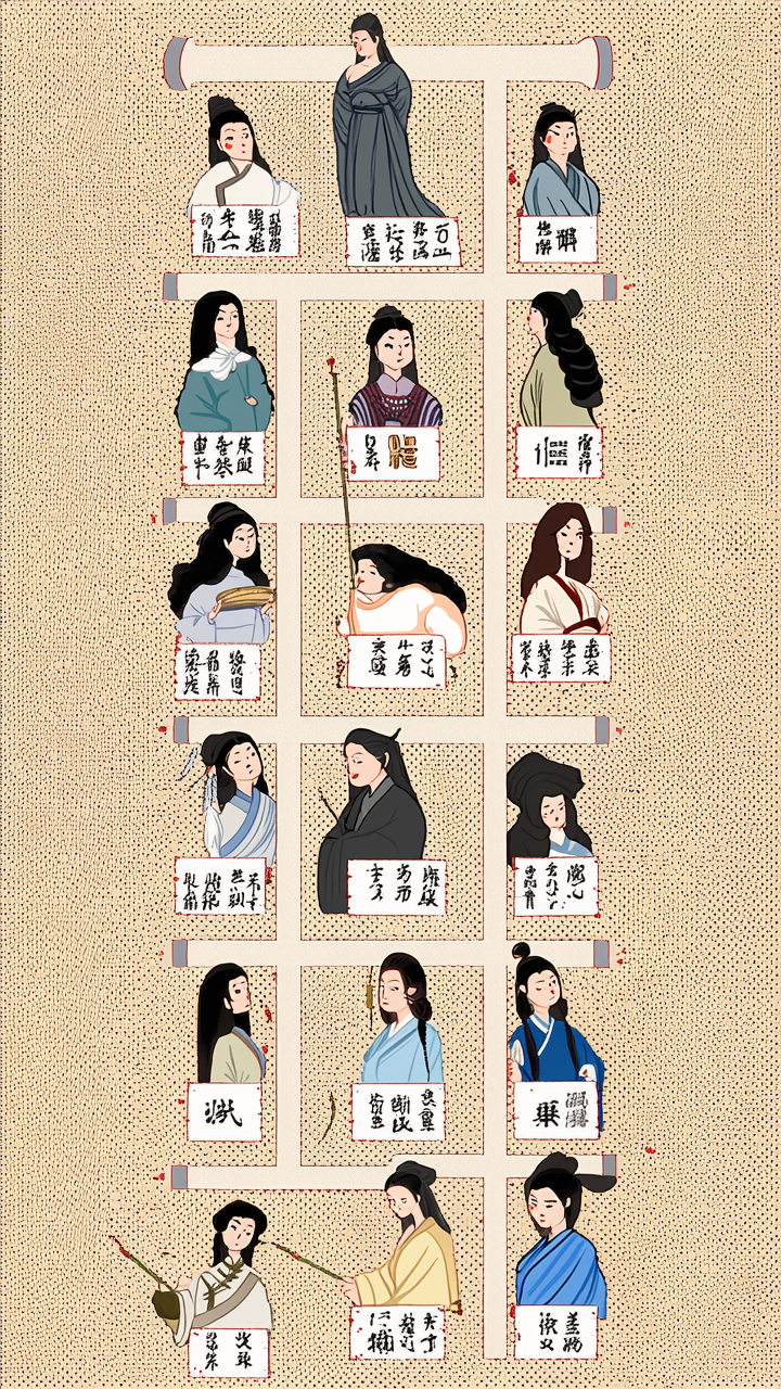 从夏朝开始到现代，根据文献描述把每个朝代最出名的美女画一幅现代图，一个朝代选择一个美女，要求穿自己朝代的衣服。