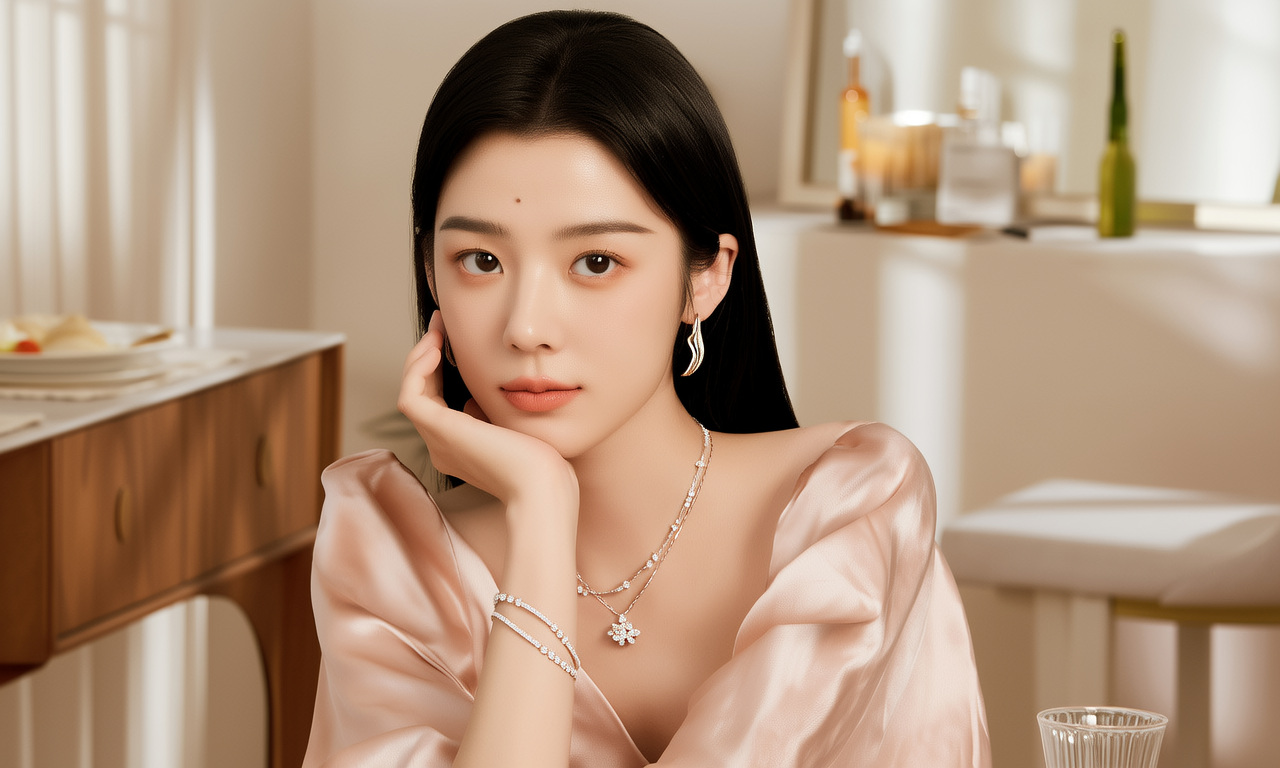 生活瞬间,美女,韩系美女,丝绸,美妆广告,家庭餐桌,4K超清,写实风格,温馨,柔和室内光,细腻皮肤,项链,耳环,手链。 生活瞬间,美女,韩系美女,丝绸,美妆广告,家庭餐桌,4K超清,写实风格,温馨,柔和室内光,细腻皮肤,项链,耳环,手链。