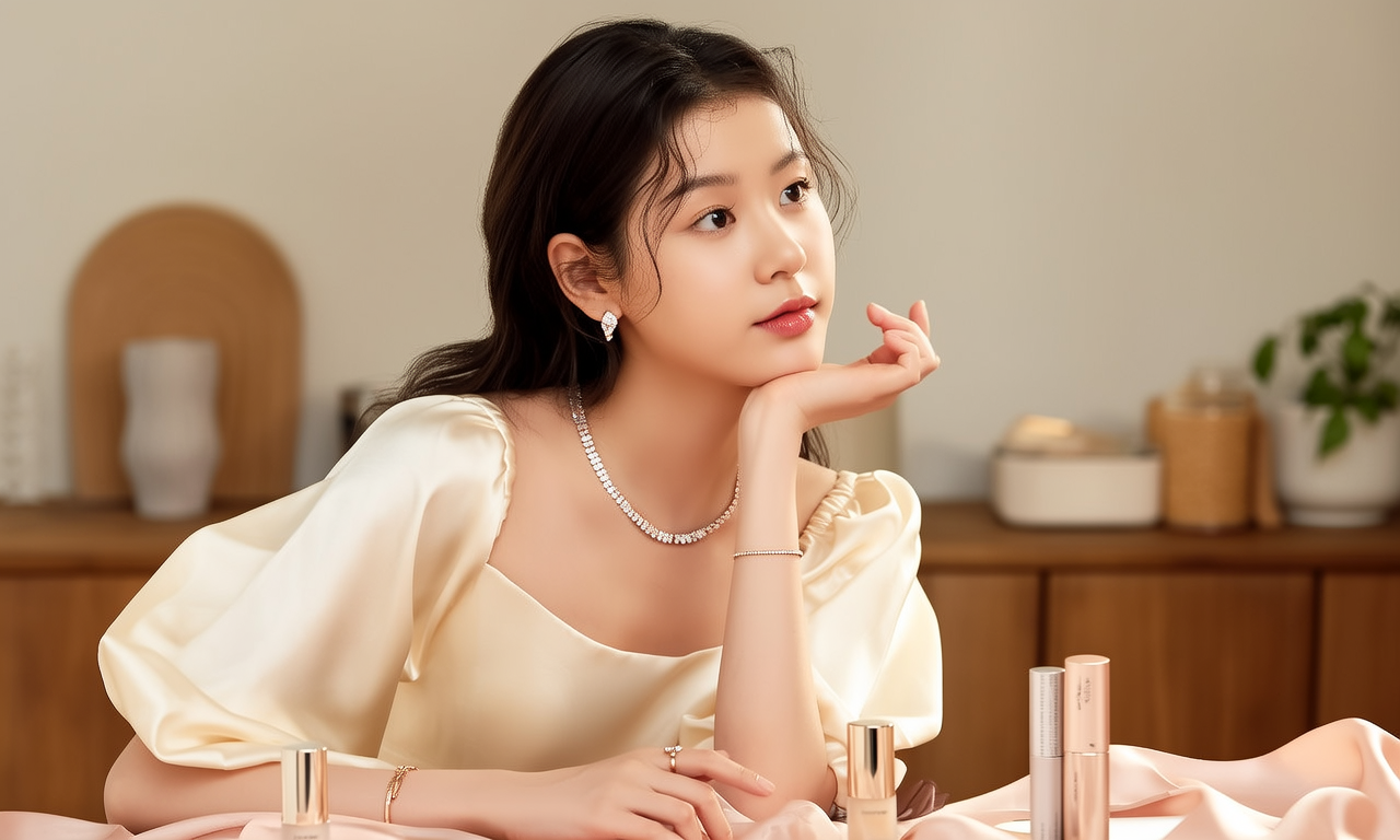 生活瞬间,美女,韩系美女,丝绸,美妆广告,家庭餐桌,4K超清,写实风格,温馨,柔和室内光,细腻皮肤,项链,耳环,手链。 生活瞬间,美女,韩系美女,丝绸,美妆广告,家庭餐桌,4K超清,写实风格,温馨,柔和室内光,细腻皮肤,项链,耳环,手链。