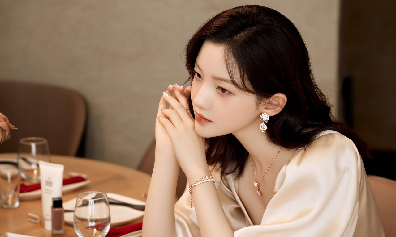 生活瞬间,美女,韩系美女,丝绸,美妆广告,家庭餐桌,4K超清,写实风格,温馨,柔和室内光,细腻皮肤,项链,耳环,手链。 生活瞬间,美女,韩系美女,丝绸,美妆广告,家庭餐桌,4K超清,写实风格,温馨,柔和室内光,细腻皮肤,项链,耳环,手链。