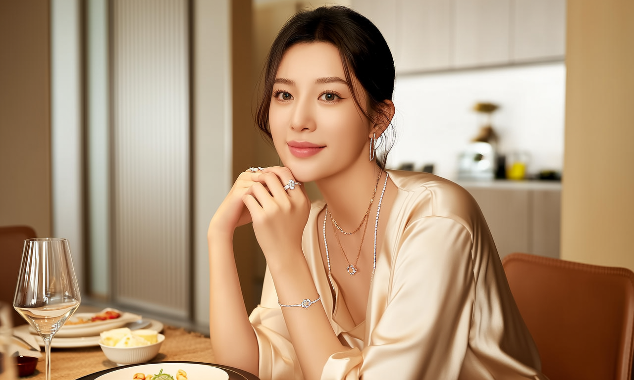 生活瞬间，美女，韩系美女，丝绸，美妆广告，家庭餐桌，4K超清，写实风格，温馨，柔和室内光，细腻皮肤，项链，耳环，手链。
