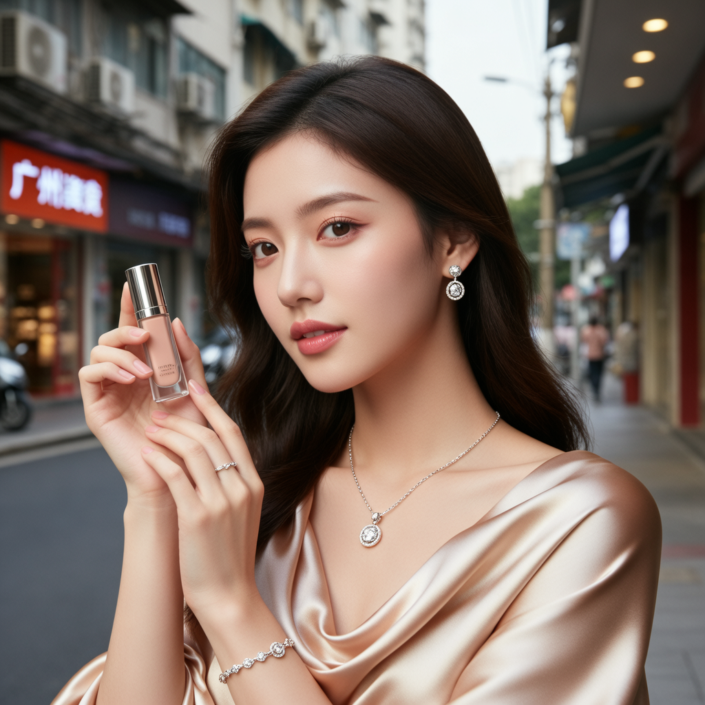 生活瞬间,美女,韩系美女,丝绸,美妆广告,广州街边,4K超清,写实风格,温馨,柔和室内光,皮肤细腻,项链,耳环,手链。 生活瞬间,美女,韩系美女,丝绸,美妆广告,广州街边,4K超清,写实风格,温馨,柔和室内光,皮肤细腻,项链,耳环,手链。